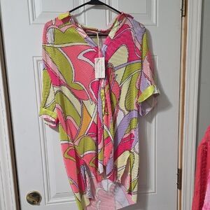 Grace & Emma Women's Vibrant Abstract Print Tie-Neck Top - Pink & Lime